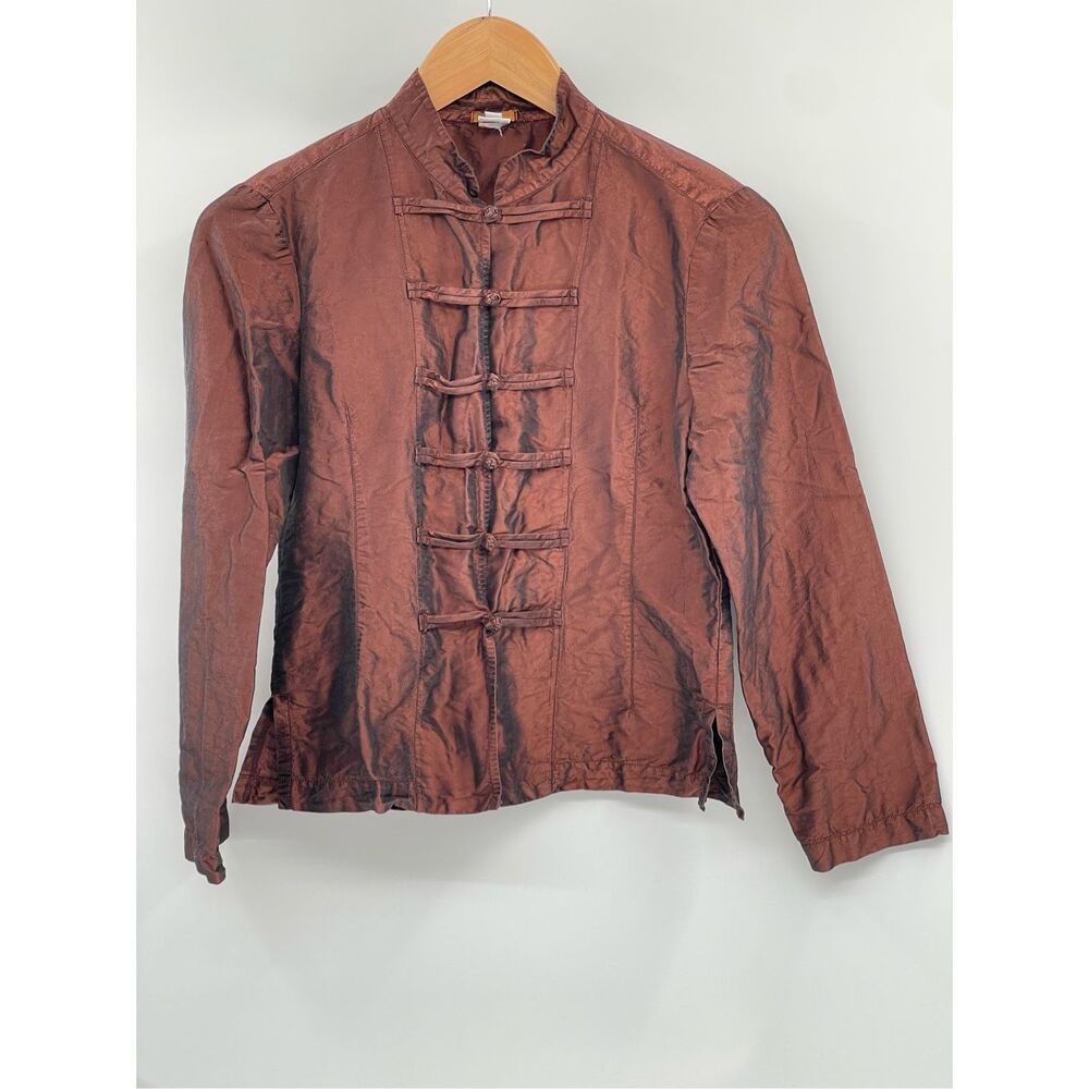 Dosa Silk Blouse Top Women Size XS 1 Cheongsham Maroon Brown Long Sleeve